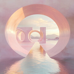 Poster - Abstract architectural design with circular arches and tranquil water reflections