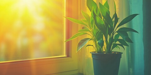 Poster - A modern apartment interior with a potted plant by the window, bathed in warm sunlight.