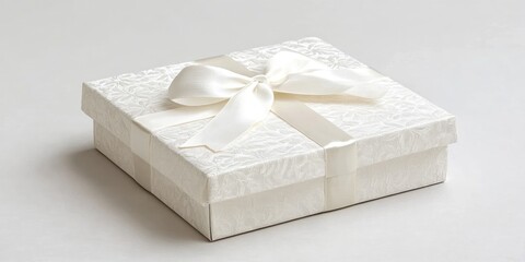 Wall Mural - Elegant white gift box with a satin ribbon on a neutral background featuring ample copy space for text placement.