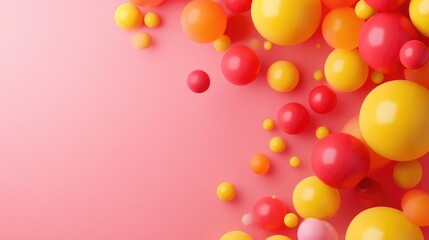 Wall Mural - Brightly colored spheres in red, yellow, and orange on a soft pink background with ample copy space for text or graphics