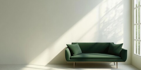 Canvas Print - Modern minimalist green sofa against a blank wall with natural light streaming in creating soft shadows Copy Space