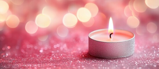 Aufkleber - Candle with flame on shimmering pink background with bokeh lights and copy space for text
