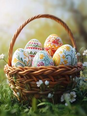 Wall Mural - 3d illustration. Decorated easter eggs in a basket.