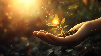 Poster - A Glowing Seedling Being Nurtured by a Gentle Hand in a Dreamy Environment with Sunlight, Sparkles, and Soft Focus to Evoke Growth and Hope