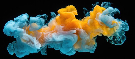 Aufkleber - Colorful blue and orange smoke or ink swirling in water on black background with Copy Space for text placement