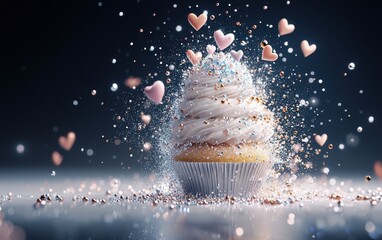 Wall Mural - A delightful cupcake topped with fluffy white frosting, surrounded by whimsical flying hearts, capturing the essence of love and sweetness this Valentine's Day.