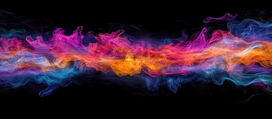 Aufkleber - Colorful abstract smoke flow with vibrant pink orange and blue hues on a black background featuring ample copy space.