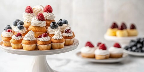 Canvas Print - Cupcake display with raspberries blueberries and whipped cream on a white pedestal against a light background with Copy Space