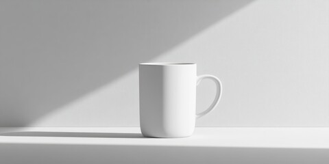 Sticker - Minimalist white ceramic mug on a light gray surface with soft shadows and copy space for text placement.