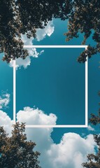 Poster - Sky view framed by trees with copy space for text in a clear blue setting. Generative AI