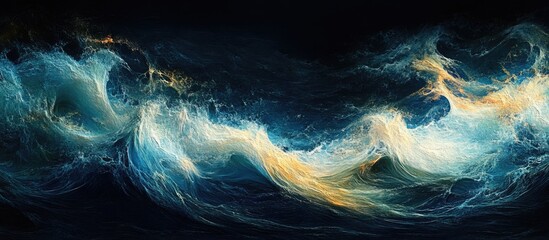 Aufkleber - Abstract ocean waves in a dynamic blend of blue, white, and yellow hues with dramatic textures and patterns against a dark background Copy Space