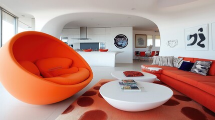 Poster - A minimalistic and stylish apartment featuring an orange chair, white furniture, and open space.