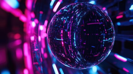 Aufkleber - Abstract futuristic digital sphere with glowing neon lights in blue and pink hues against dark background with copy space for text.