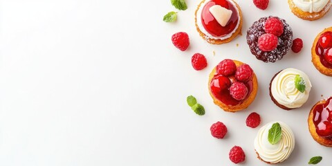 Wall Mural - Assorted gourmet desserts with fresh raspberries and mint leaves on a white background with copy space for text.