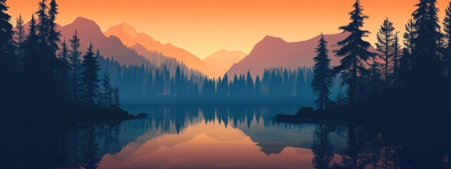 Sticker - Mountain lake landscape at sunset with reflections in water and pine trees silhouette Copy Space