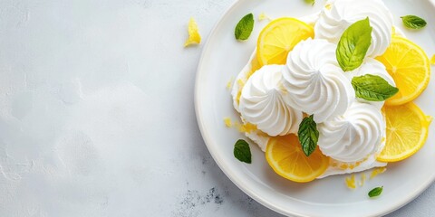 Wall Mural - Lemon meringue dessert topped with whipped cream and mint leaves on a white plate with copy space for text