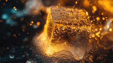 Aufkleber - Ice cube melting with golden light reflections and shimmering particles creating a dynamic, visually striking background with copy space.