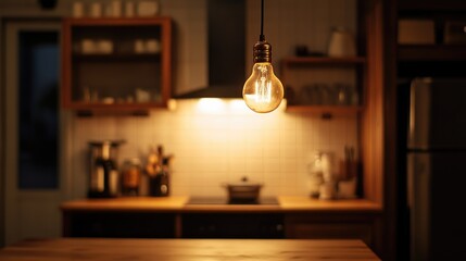 Poster - Illuminated vintage light bulb in a cozy kitchen setting with warm tones and copy space for text placement. Modern rustic interior design.