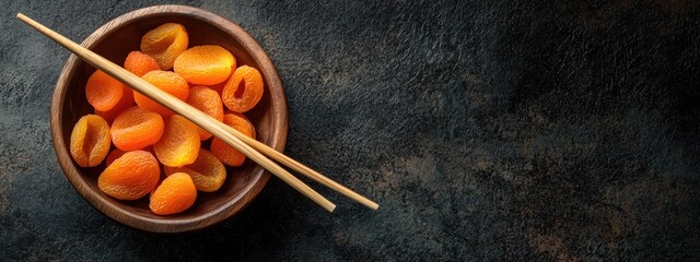 Canvas Print - Bowl of dried apricots with chopsticks on textured dark background Copy Space