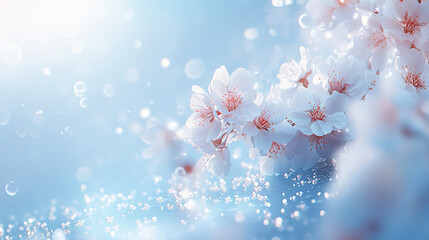 Poster - Delicate cherry blossoms with sparkling bokeh on a blue background