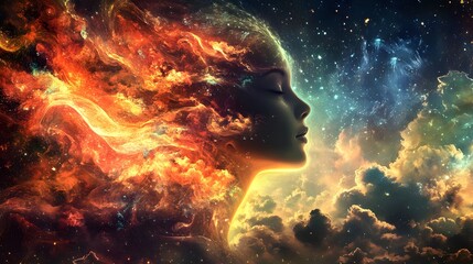 Aufkleber - Ethereal Cosmic Portrait of a Woman Emerging from Colorful Nebula with Stars and Glowing Elements in a Mystical Universe Landscape