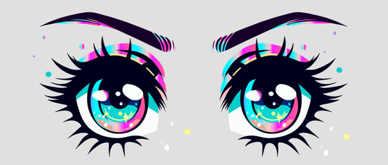 Poster - Sparkling blue bright eyes with long eyelashes anime girl. Stylish cartoon illustration in manga comic book style for t-shirt printing. 