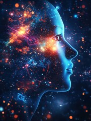 Poster - Abstract polygonal head in space. Cyberspace and science concept. Double exposure.