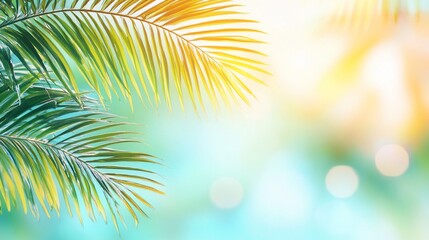 Wall Mural - Lush green palm fronds against a bright, blurred tropical background.