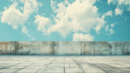 Poster - Spacious outdoor area with concrete wall and bright blue sky featuring fluffy clouds. Generative AI