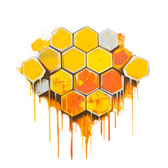 Poster - An abstract painting of a honeycomb with yellow and orange paint dripping down a black background.