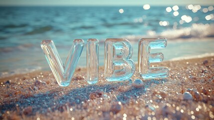 Wall Mural - Glass Vibe Word on Beach at Sunset