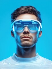 Poster - people, technology, future and progress - man with futuristic glasses and microchip implant or sensors over blue background