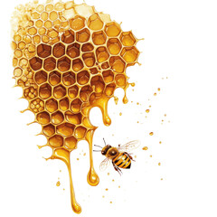 Poster - A watercolor illustration depicts a section of honeycomb dripping golden honey with a bee nearby.