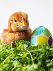 Wall Mural - Closeup of funny Easter chicken and colorful painted Easter egg lying on fresh green cress, fresh watercress, Easter decoration. Isolated on white background