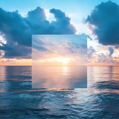 Poster - Sunset over calm ocean waters with a blank space for text or graphics in the foreground. Generative AI