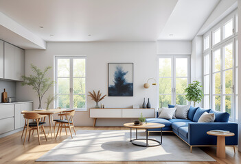 Wall Mural - Scandinavian home interior design of modern living room. Bright room with blue sofa, abstract painting, large windows, and neutral decor creating a fresh, airy atmosphere