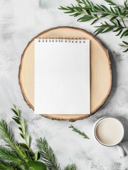 Leinwandbilder - Empty notepad placed on wooden slice with greenery and cup of beverage ready for creative ideas. Generative AI