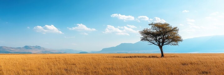 Poster - Vast golden field under clear blue sky with solitary tree and distant mountains offering a serene backdrop. Generative AI