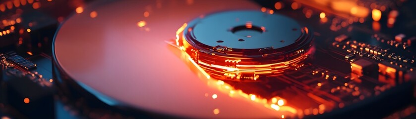 Poster - A close-up view of a futuristic data storage device, featuring intricate circuitry and vibrant lighting, showcasing the blend of technology and design in modern electronics.