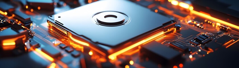 Poster - A close-up view of a modern computer processor on a circuit board, illuminated with vibrant orange lights, showcasing intricate details and advanced technology.