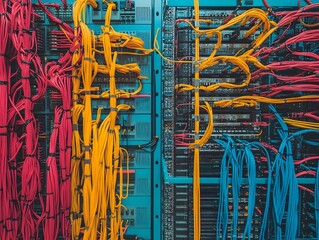 Poster - A close-up view of brightly colored network cables connected to a server rack, showcasing the complexity of modern data infrastructure and technology.