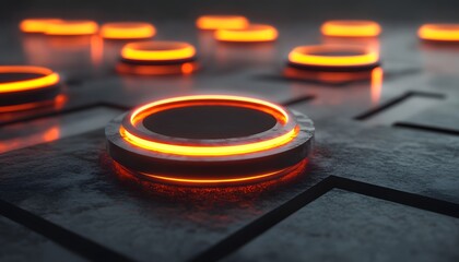 Poster - A close-up view of glowing orange buttons on a futuristic surface, showcasing modern design and advanced technology, ideal for digital interfaces and tech-related projects.