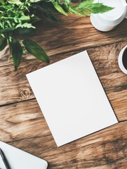 Poster - Blank paper ready for creativity on a wooden table with plants and a cup of coffee in a cozy workspace. Generative AI