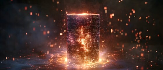 Poster - A digital representation of a glowing cylinder, surrounded by sparks and particles, creating a futuristic and energetic atmosphere. Ideal for technology and innovation themes.
