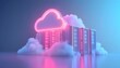© Ytnart - A futuristic cloud data storage concept featuring vibrant neon colors. Cloud computing symbolically represented with modern server stacks amidst a backdrop of soft clouds.