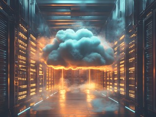 Poster - A futuristic data center with a cloud formation, symbolizing the essence of cloud computing and digital innovation.