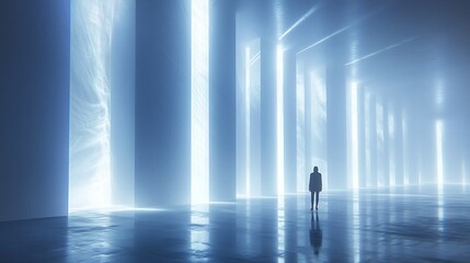 Poster - Solitary figure in a futuristic, glowing corridor.