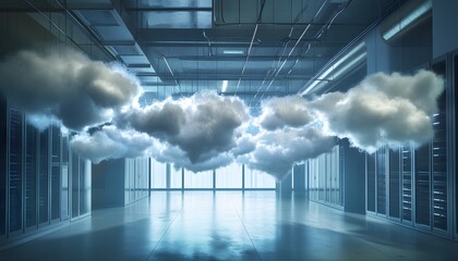 Poster - A futuristic data center with floating clouds, symbolizing cloud computing