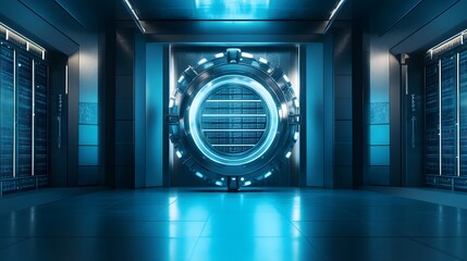 Poster - A futuristic, high-tech vault surrounded by glowing blue lights