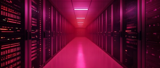 Poster - A futuristic server room illuminated with vibrant pink lights. The corridor between server racks creates a mesmerizing atmosphere of advanced technology and innovation.